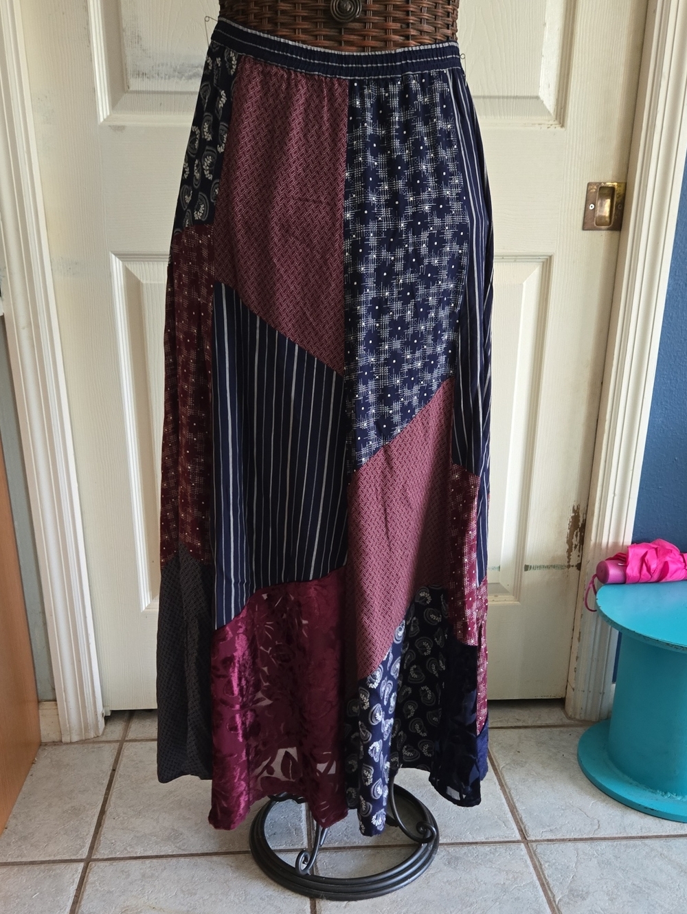 Carole Little Patchwork Maxi Skirt in Navy & Burgundy